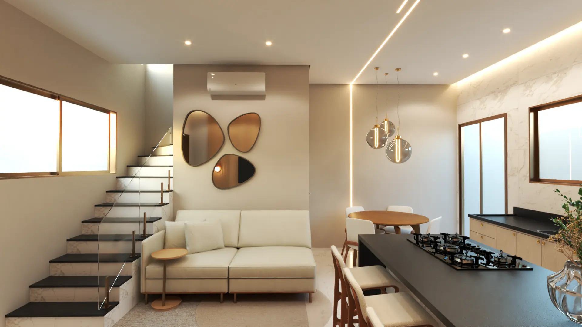 Living integrado com escada e sala de jantar