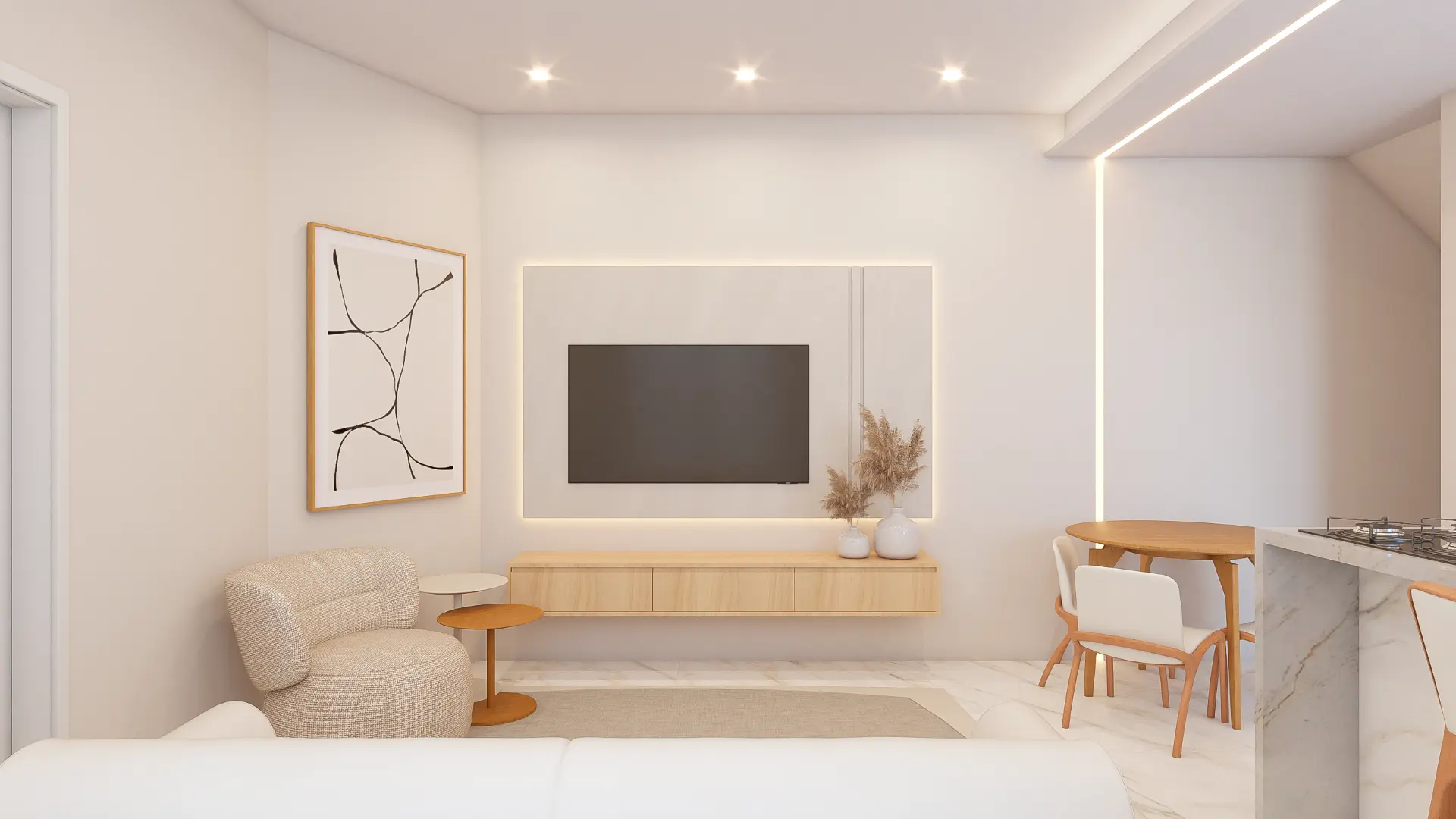 Sala de estar com painel de TV e iluminação embutida