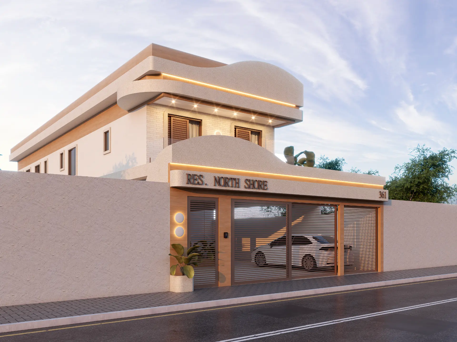 Fachada em perspectiva com a garagem coletiva do North Shore