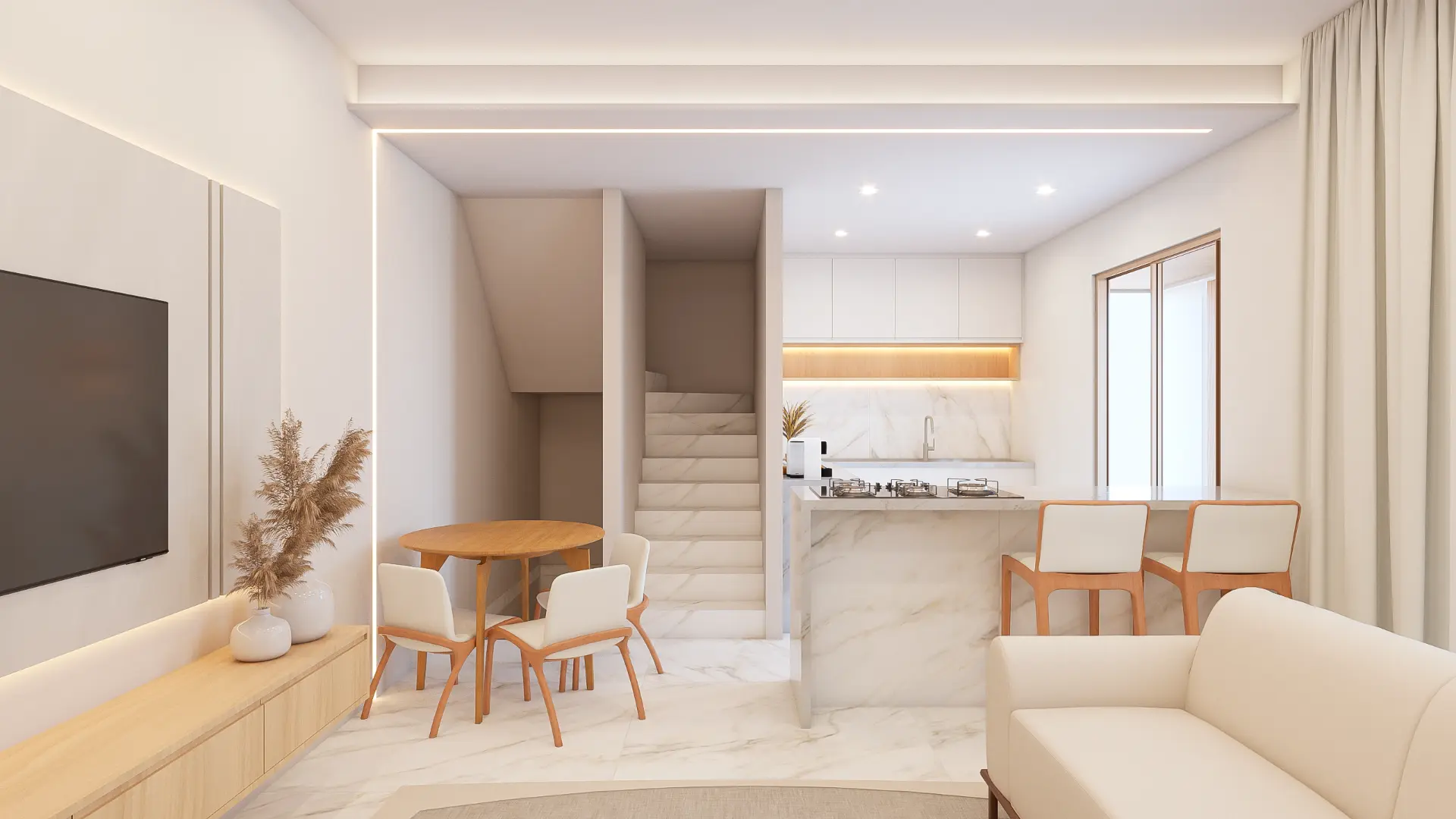 Living integrado com cozinha, jantar e escada