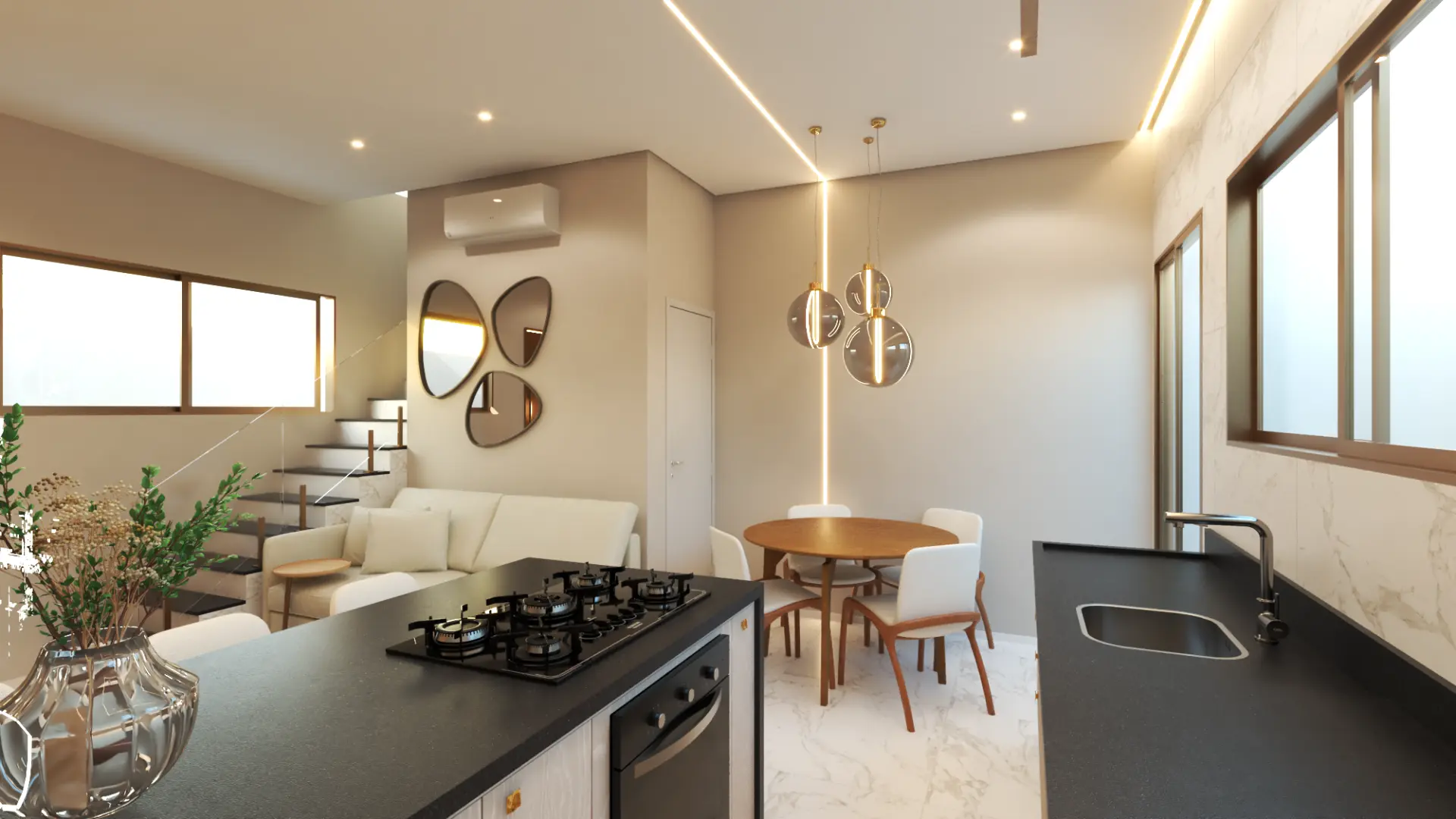 Ambiente integrado com cozinha, jantar e estar