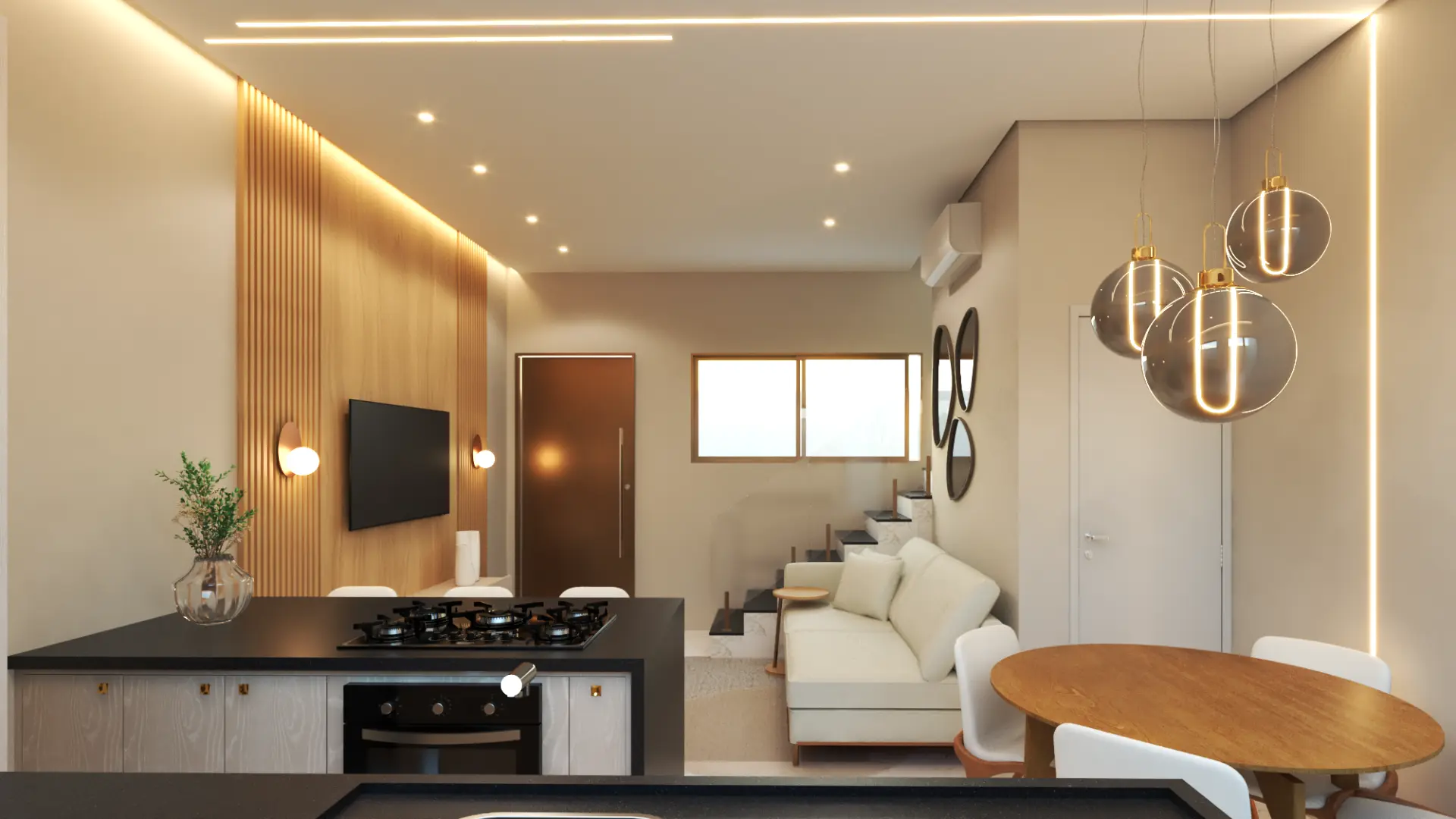 Vista do living com iluminação em LED e pendentes