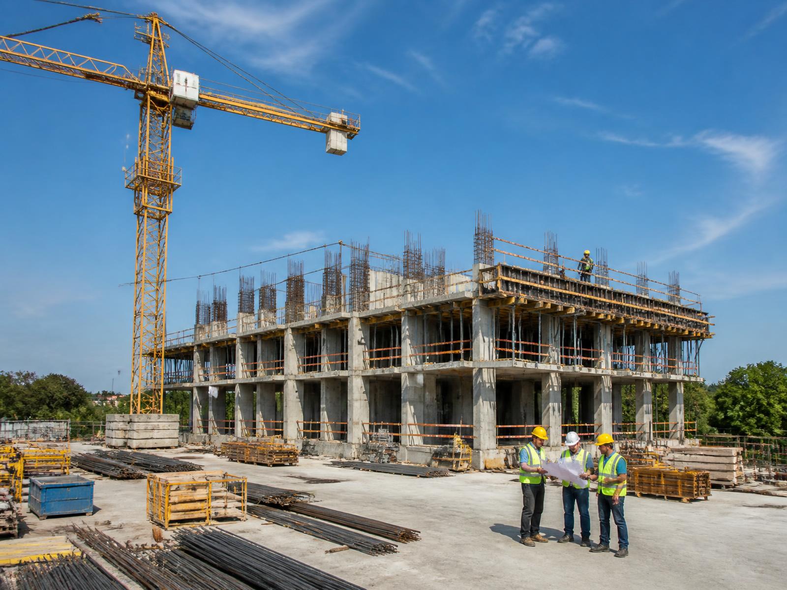 Canteiro de obras da New Start Home com equipe técnica analisando o projeto